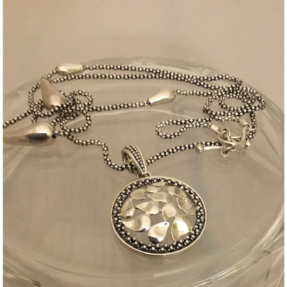 Michael Dawkins Sterling Pebble Design Round Pendant w/Station Necklace 25.5g